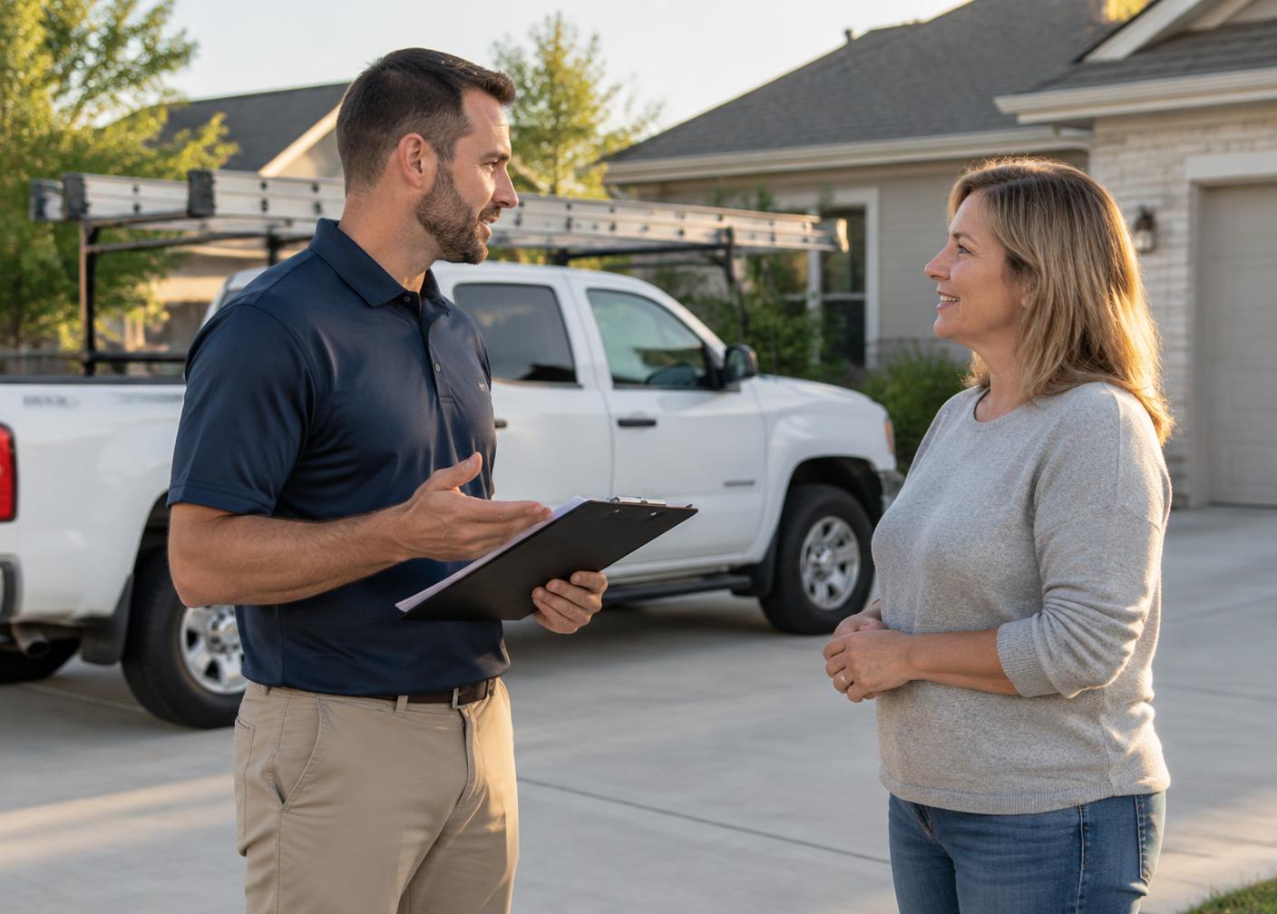 Roofing contractor with a clipboard talking to a homeowner in a driveway next to a work truck