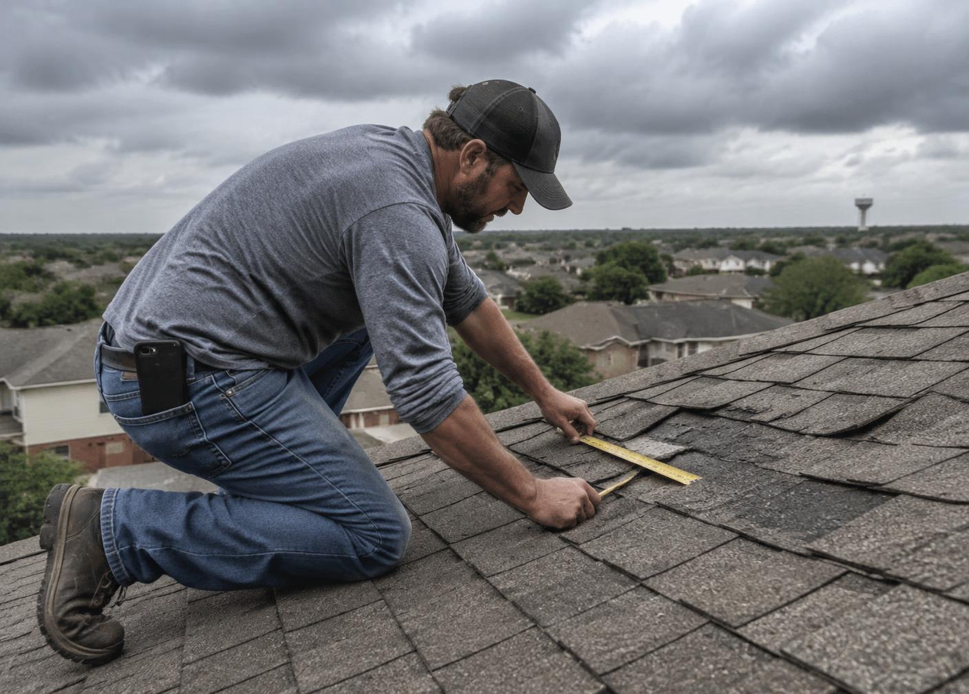 Roofing contractor kneeling on a residential roof measuring damaged shingles during an inspection
