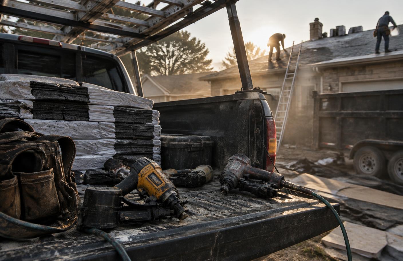 Roofing tools, nail guns and shingle bundles in a work truck bed at a residential job site